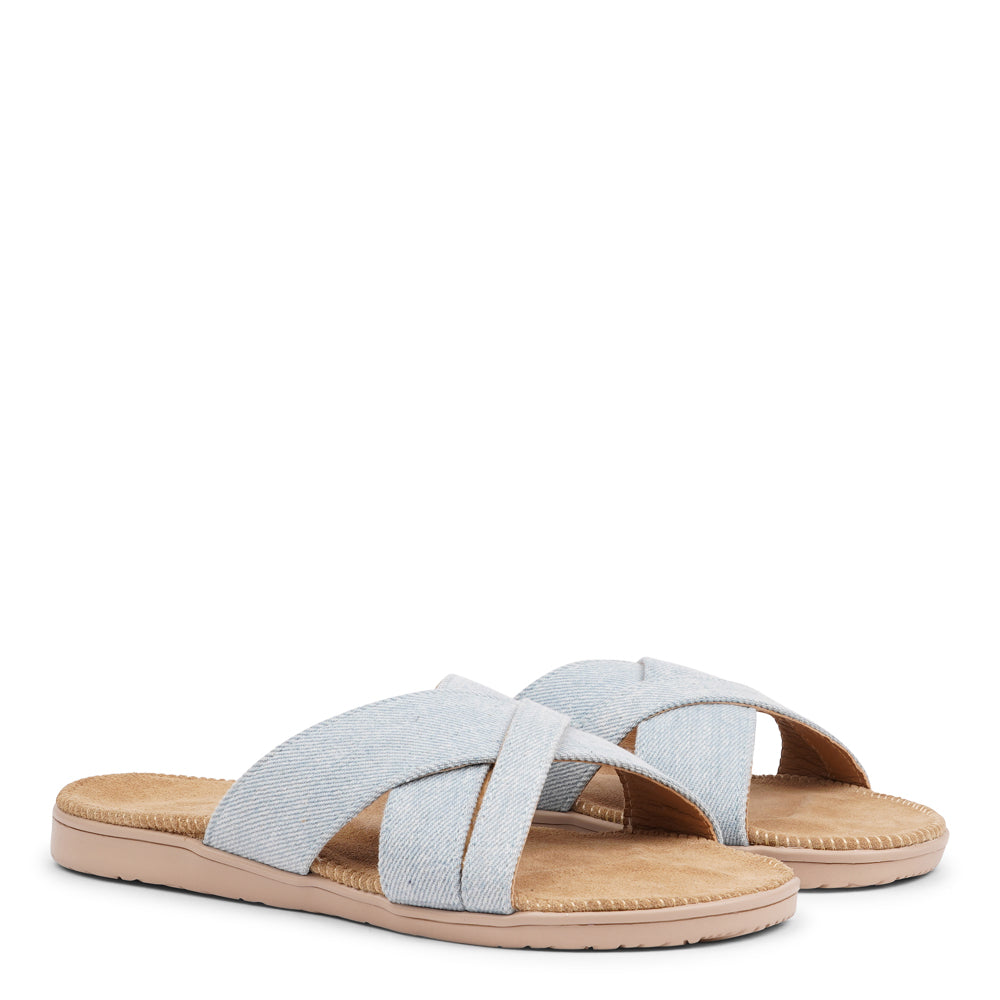 The charming Tsilia sandal, inspired by a small and chilled bay in Greece.  This sandal exudes casual charm with a hint of coolness, made from resilient yet gentle rubber embraced by smooth suede. Delicate denim straps add a touch of whimsy, effortlessly elevating any outfit. It's the perfect fusion of chic and trendy style.