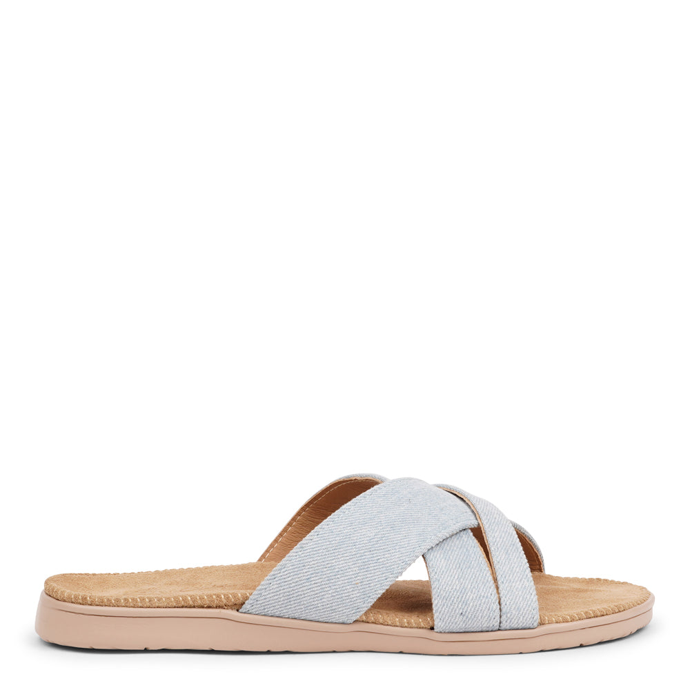 The charming Tsilia sandal, inspired by a small and chilled bay in Greece.  This sandal exudes casual charm with a hint of coolness, made from resilient yet gentle rubber embraced by smooth suede. Delicate denim straps add a touch of whimsy, effortlessly elevating any outfit. It's the perfect fusion of chic and trendy style.