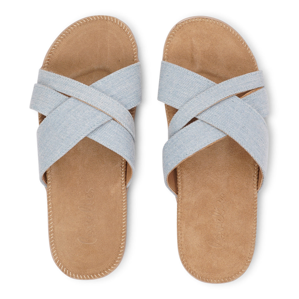 The charming Tsilia sandal, inspired by a small and chilled bay in Greece.  This sandal exudes casual charm with a hint of coolness, made from resilient yet gentle rubber embraced by smooth suede. Delicate denim straps add a touch of whimsy, effortlessly elevating any outfit. It's the perfect fusion of chic and trendy style.