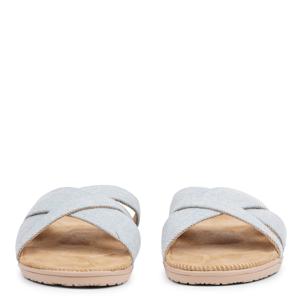 The charming Tsilia sandal, inspired by a small and chilled bay in Greece.  This sandal exudes casual charm with a hint of coolness, made from resilient yet gentle rubber embraced by smooth suede. Delicate denim straps add a touch of whimsy, effortlessly elevating any outfit. It's the perfect fusion of chic and trendy style.