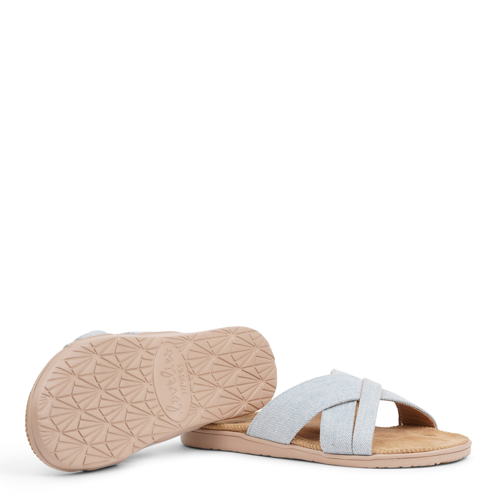 The charming Tsilia sandal, inspired by a small and chilled bay in Greece.  This sandal exudes casual charm with a hint of coolness, made from resilient yet gentle rubber embraced by smooth suede. Delicate denim straps add a touch of whimsy, effortlessly elevating any outfit. It's the perfect fusion of chic and trendy style.