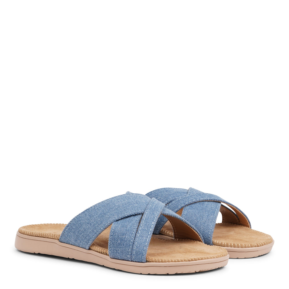 The charming Tsilia sandal, inspired by a small and chilled bay in Greece.  This sandal exudes casual charm with a hint of coolness, made from resilient yet gentle rubber embraced by smooth suede. Delicate denim straps add a touch of whimsy, effortlessly elevating any outfit. It's the perfect fusion of chic and trendy style.