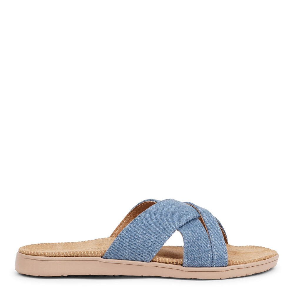 The charming Tsilia sandal, inspired by a small and chilled bay in Greece.  This sandal exudes casual charm with a hint of coolness, made from resilient yet gentle rubber embraced by smooth suede. Delicate denim straps add a touch of whimsy, effortlessly elevating any outfit. It's the perfect fusion of chic and trendy style.