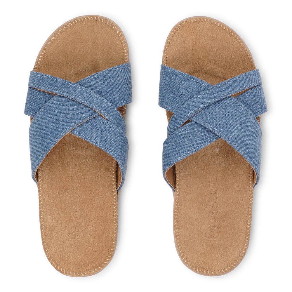 The charming Tsilia sandal, inspired by a small and chilled bay in Greece.  This sandal exudes casual charm with a hint of coolness, made from resilient yet gentle rubber embraced by smooth suede. Delicate denim straps add a touch of whimsy, effortlessly elevating any outfit. It's the perfect fusion of chic and trendy style.