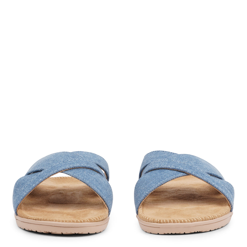 The charming Tsilia sandal, inspired by a small and chilled bay in Greece.  This sandal exudes casual charm with a hint of coolness, made from resilient yet gentle rubber embraced by smooth suede. Delicate denim straps add a touch of whimsy, effortlessly elevating any outfit. It's the perfect fusion of chic and trendy style.