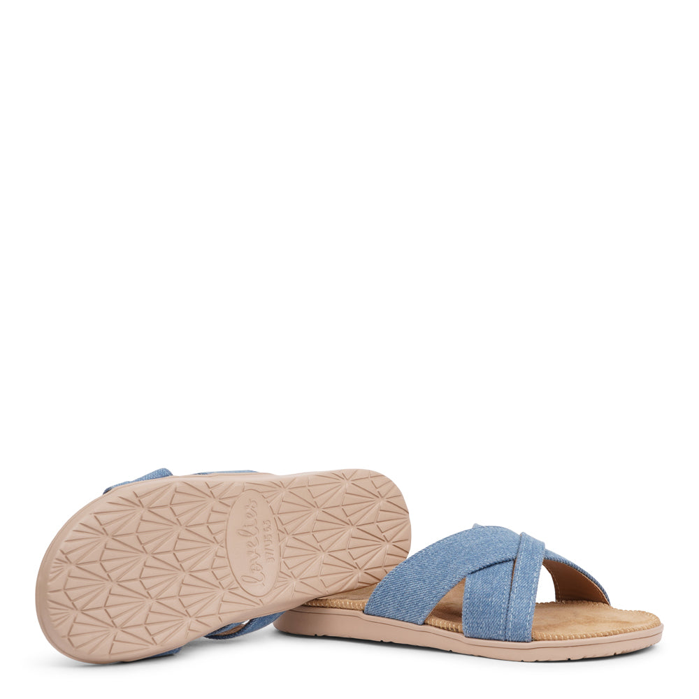 The charming Tsilia sandal, inspired by a small and chilled bay in Greece.  This sandal exudes casual charm with a hint of coolness, made from resilient yet gentle rubber embraced by smooth suede. Delicate denim straps add a touch of whimsy, effortlessly elevating any outfit. It's the perfect fusion of chic and trendy style.