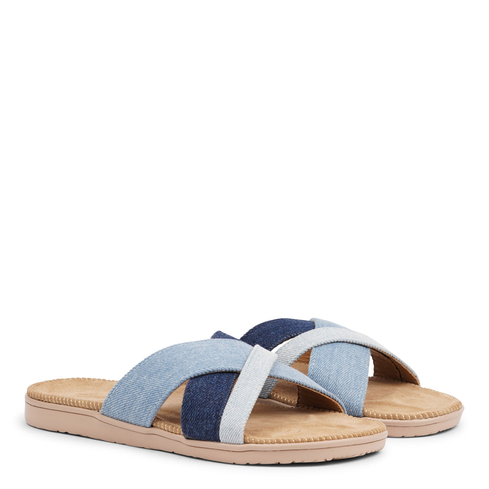 The charming Tsilia sandal, inspired by a small and chilled bay in Greece.  This sandal exudes casual charm with a hint of coolness, made from resilient yet gentle rubber embraced by smooth suede. Delicate denim straps add a touch of whimsy, effortlessly elevating any outfit. It's the perfect fusion of chic and trendy style.