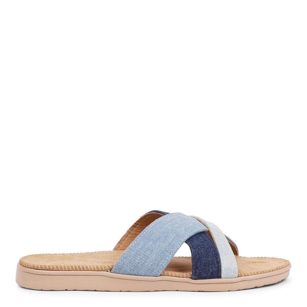 The charming Tsilia sandal, inspired by a small and chilled bay in Greece.  This sandal exudes casual charm with a hint of coolness, made from resilient yet gentle rubber embraced by smooth suede. Delicate denim straps add a touch of whimsy, effortlessly elevating any outfit. It's the perfect fusion of chic and trendy style.