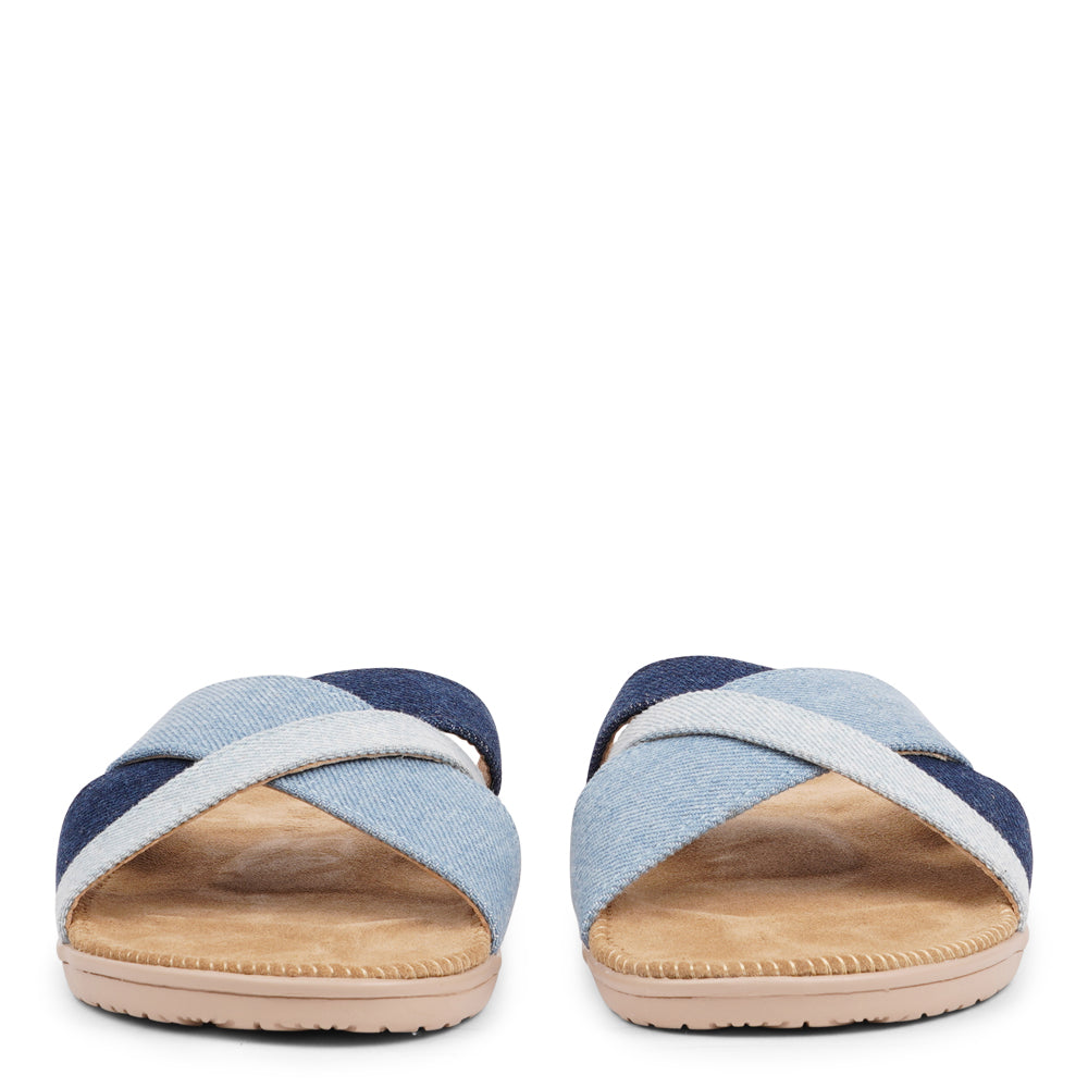 The charming Tsilia sandal, inspired by a small and chilled bay in Greece.  This sandal exudes casual charm with a hint of coolness, made from resilient yet gentle rubber embraced by smooth suede. Delicate denim straps add a touch of whimsy, effortlessly elevating any outfit. It's the perfect fusion of chic and trendy style.