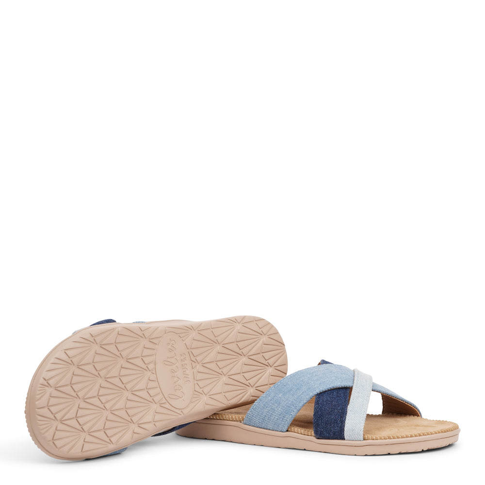 The charming Tsilia sandal, inspired by a small and chilled bay in Greece.  This sandal exudes casual charm with a hint of coolness, made from resilient yet gentle rubber embraced by smooth suede. Delicate denim straps add a touch of whimsy, effortlessly elevating any outfit. It's the perfect fusion of chic and trendy style.