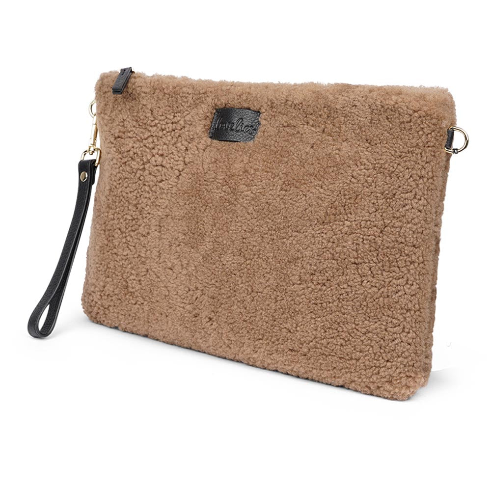 Deals clutch//purse //pouches shearling pouches with leather wristlets //pouches //shearling //leather